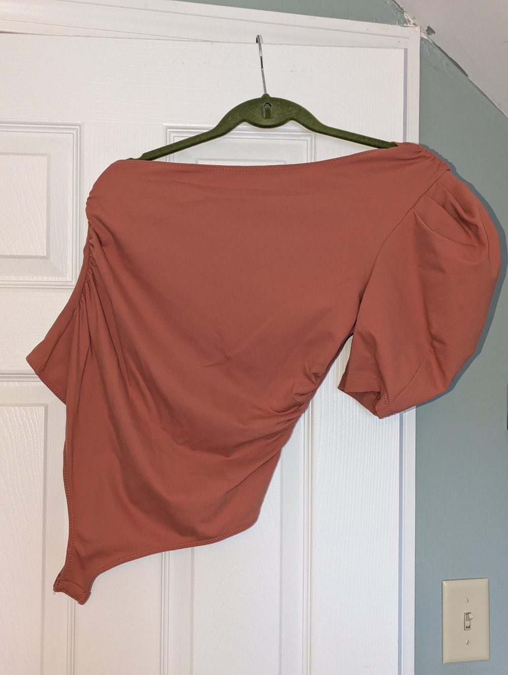 Free People Asymmetrical One-Shoulder Snap Bodysuit in Terracotta
